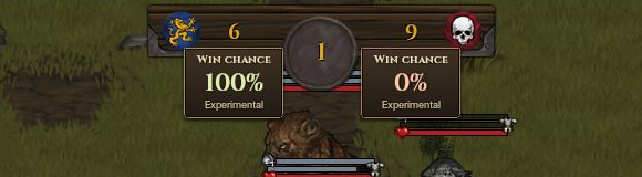 Player-supplied Battle Brothers combat header: army counts 6 and 9, with Win chance readings of 100% and 0% labelled Experimental.