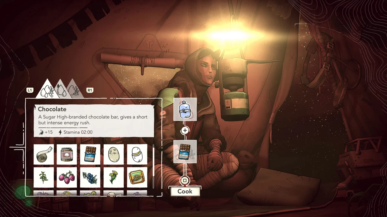 Aava sits inside a bivouac with food inventory and cooking controls open.