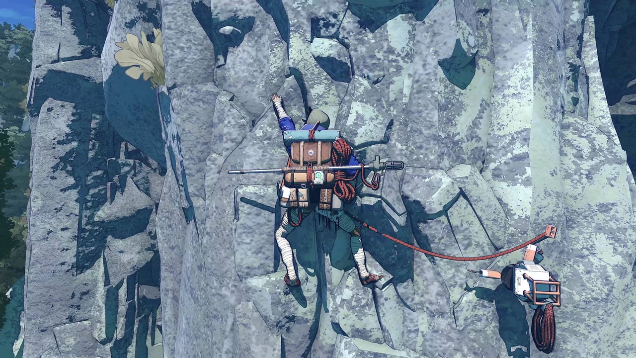 Official demo screenshot of Aava reaching for a rock hold, secured by a rope.