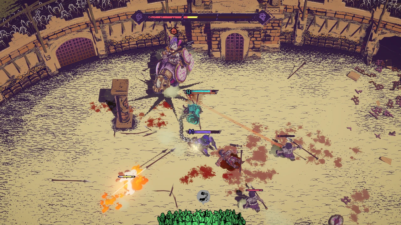Two linked fighters in a sandy arena with scattered enemies, a stone pillar and a large mounted opponent.