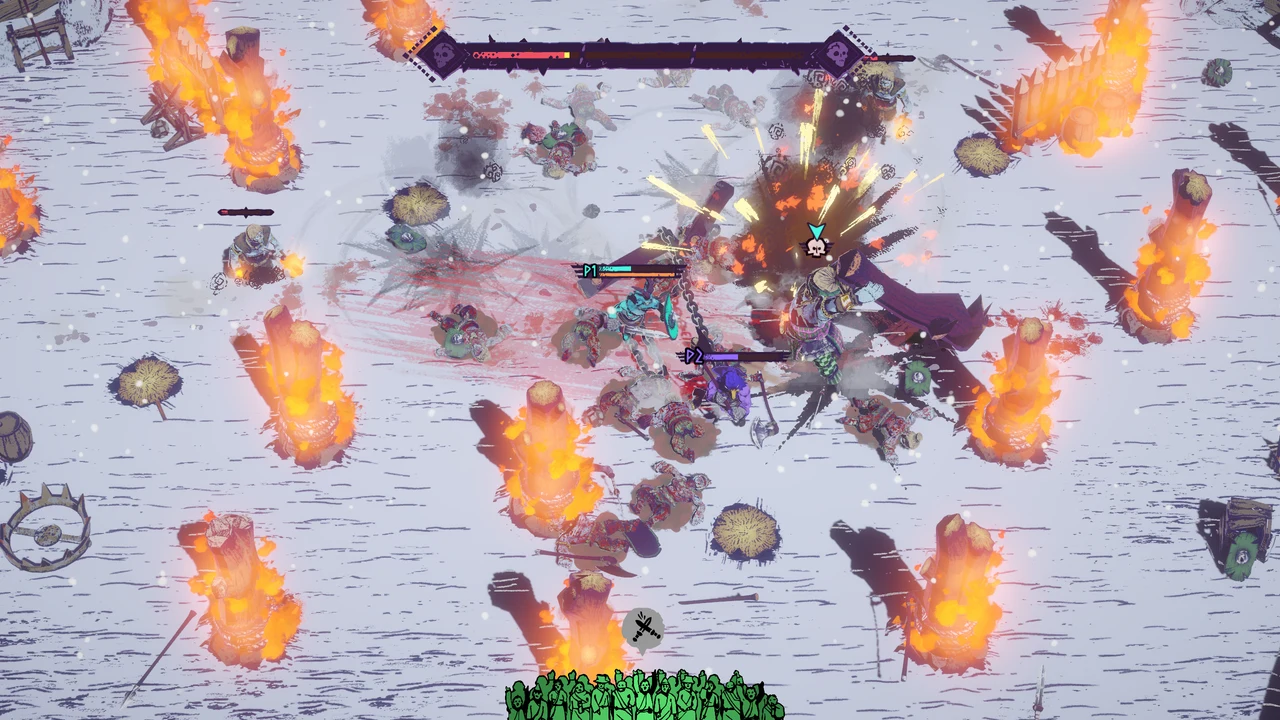 Chained fighters and enemies battle among burning pillars on snow-covered ground.