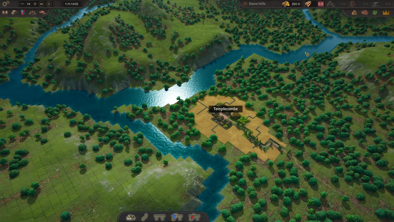 The small settlement of Templecombe and its fields sit beside branching rivers in a wooded, hilly landscape, with the game interface visible.