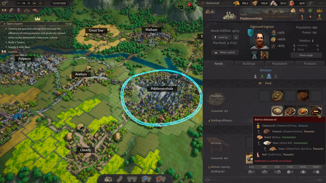 Piddletrenthide is selected among fields and neighboring settlements, with its mayor, population and artisan food needs shown in a side panel.