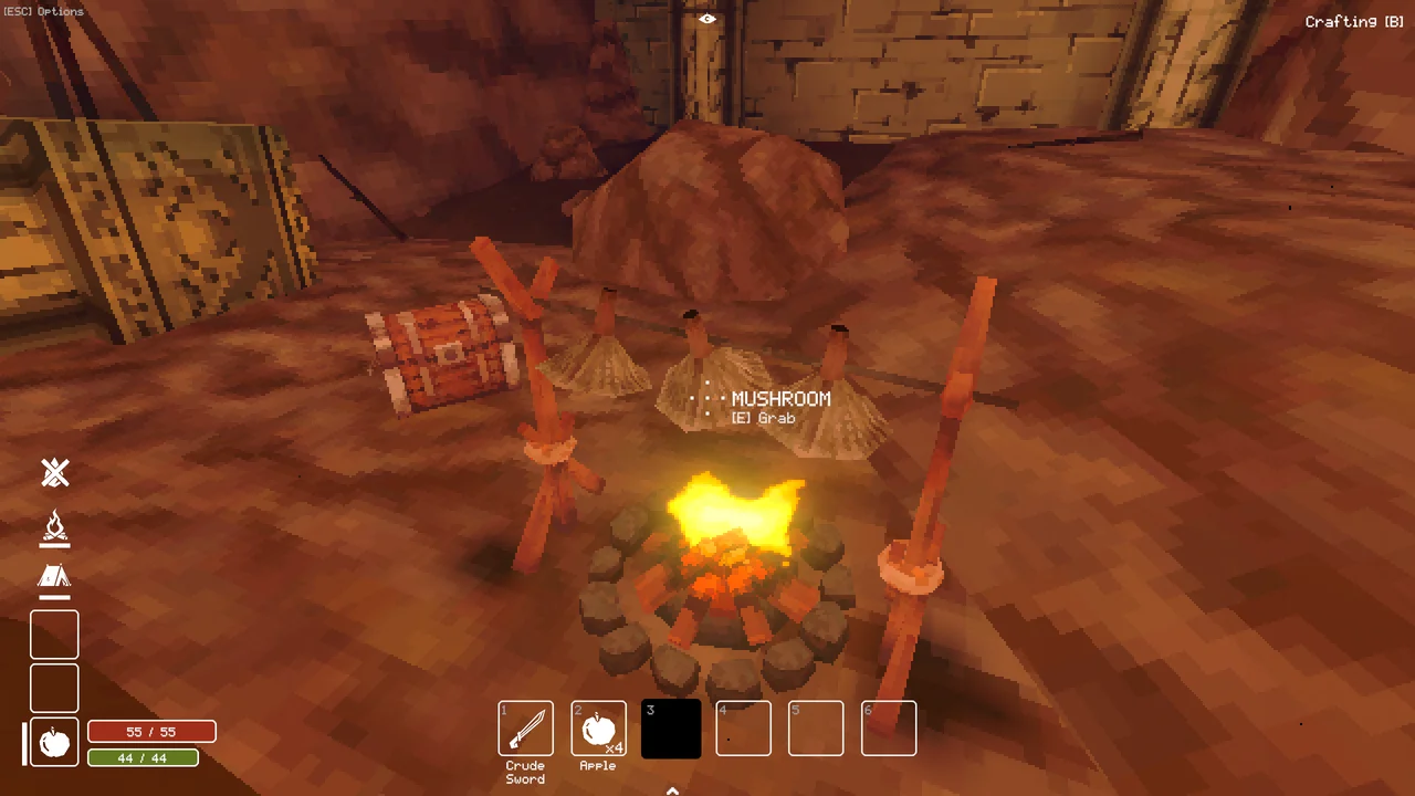 Three mushrooms roasting over a campfire, with an on-screen grab prompt.