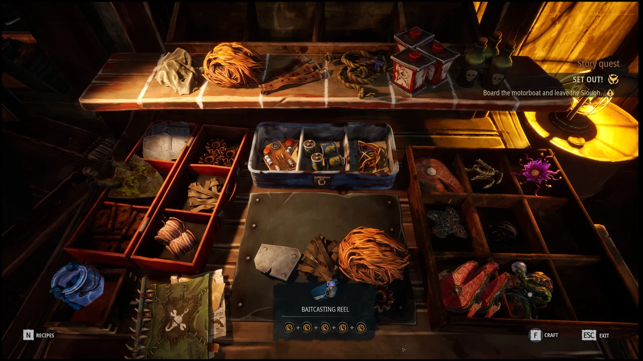 A baitcasting reel recipe and crafting prompt on a workbench filled with materials.