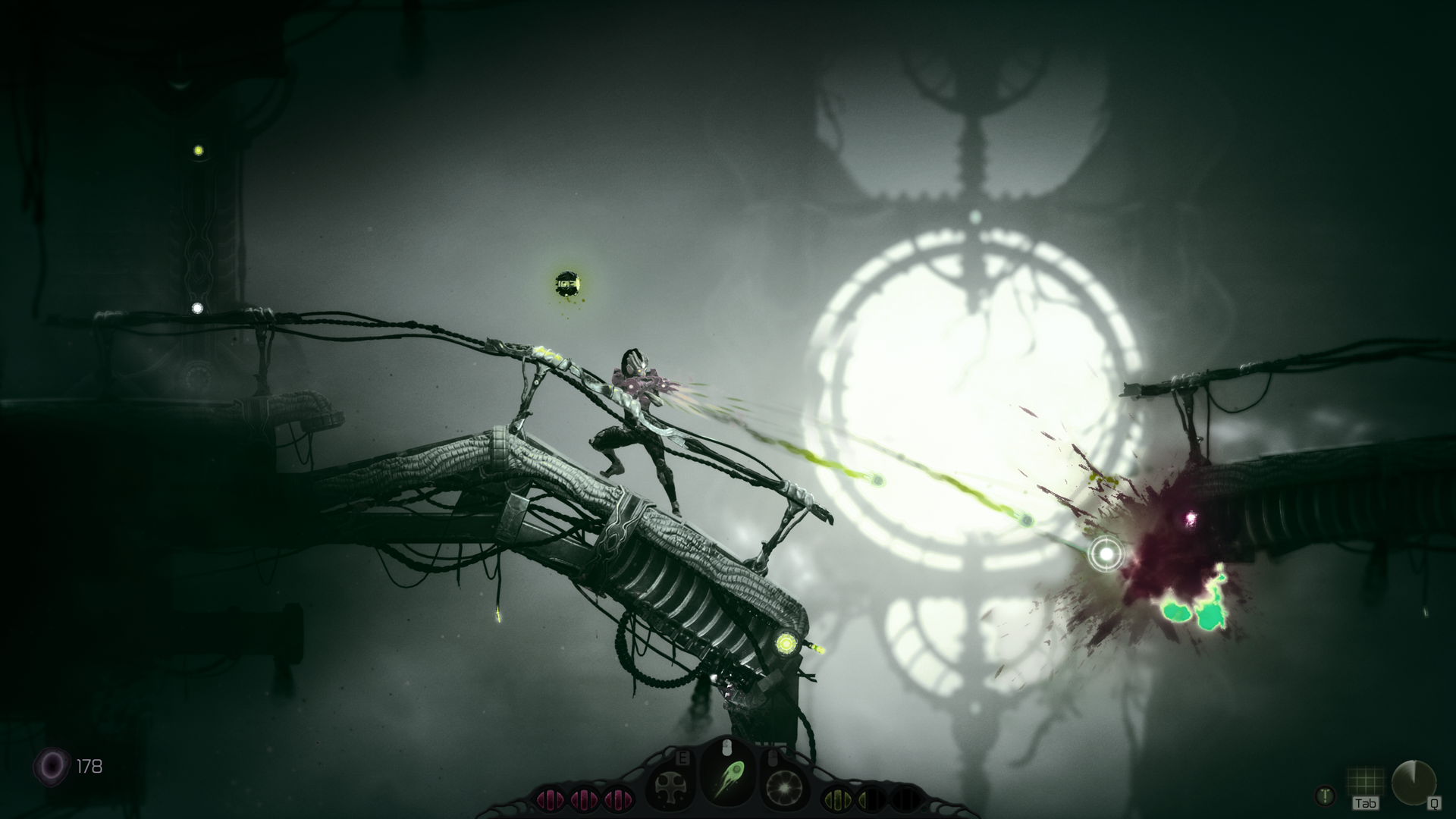 Moadra fires green projectiles at a creature across a broken walkway inside an alien facility.