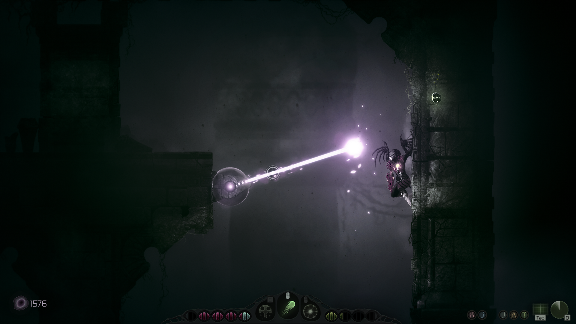 Moadra clings to the right wall of a ruined shaft while a bright beam crosses from the left.