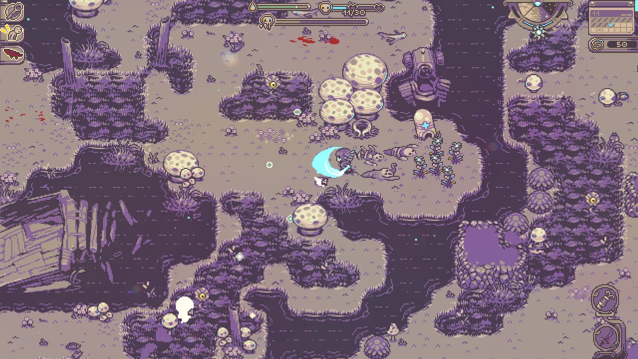 Fiona swings a sword at small enemies among giant mushrooms.