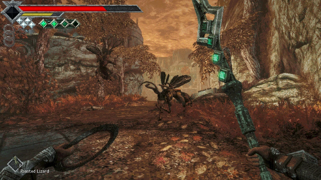 First-person Queen’s Domain combat view with a large winged insect ahead, a green-inlaid blade at right and a Roasted Lizard item in the HUD.