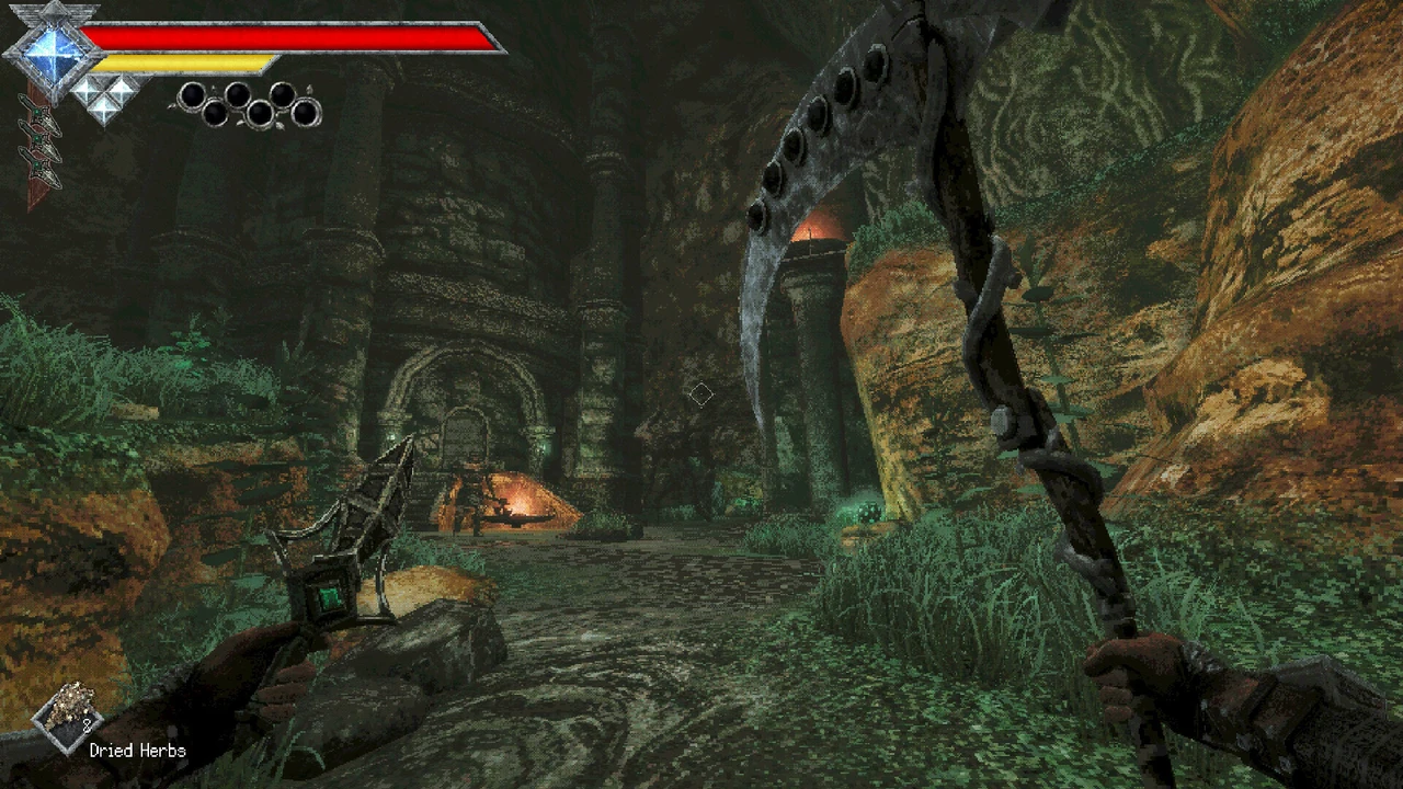 First-person Queen’s Domain view toward stairs and an arched stone doorway in a dark cavern, with a curved weapon at right and Dried Herbs shown in the HUD.