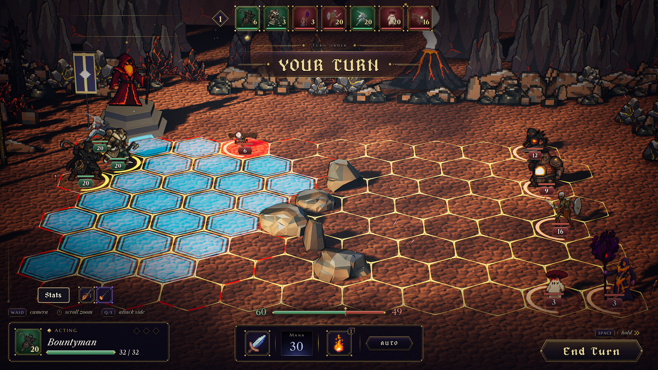 Army stacks face each other across a hexagonal grid in a volcanic cavern, with blue movement tiles and the turn order visible.