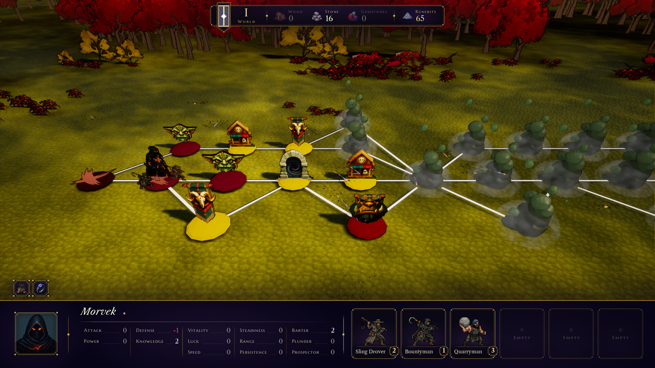 Connected red and yellow route nodes branch through a forest, with a portal, shop symbols, resource totals and the army panel visible.