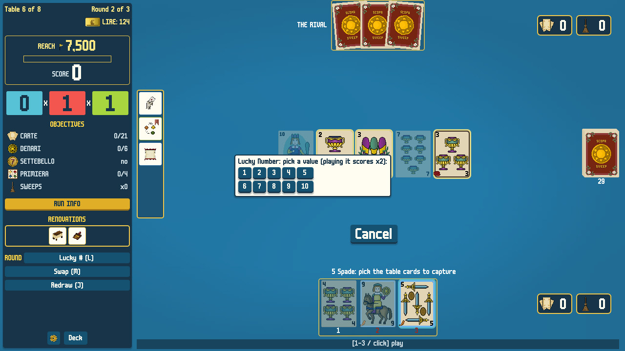 A Lucky Number prompt offers values from one to ten over a Scopa Sweep card table, with the player's hand and objectives visible.