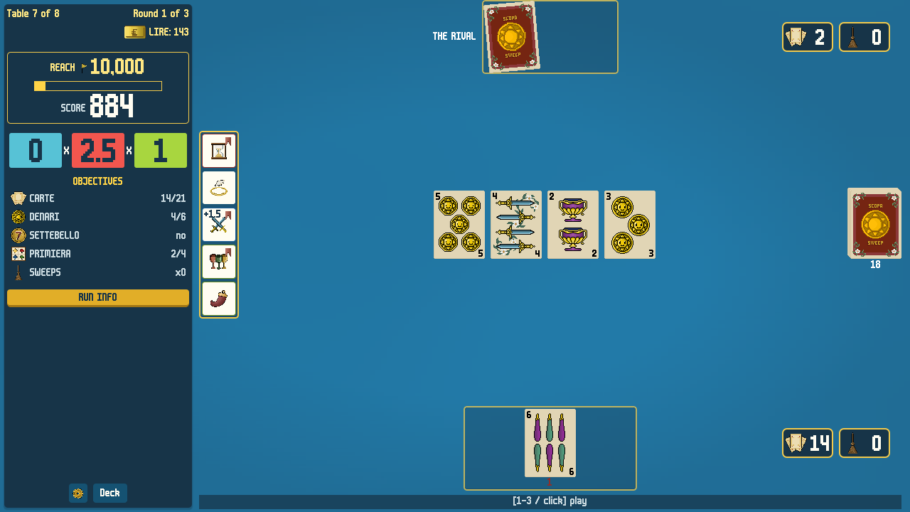 Scopa Sweep at Table 7, with a six in hand, four table cards, a 10,000-point target and an objectives panel.