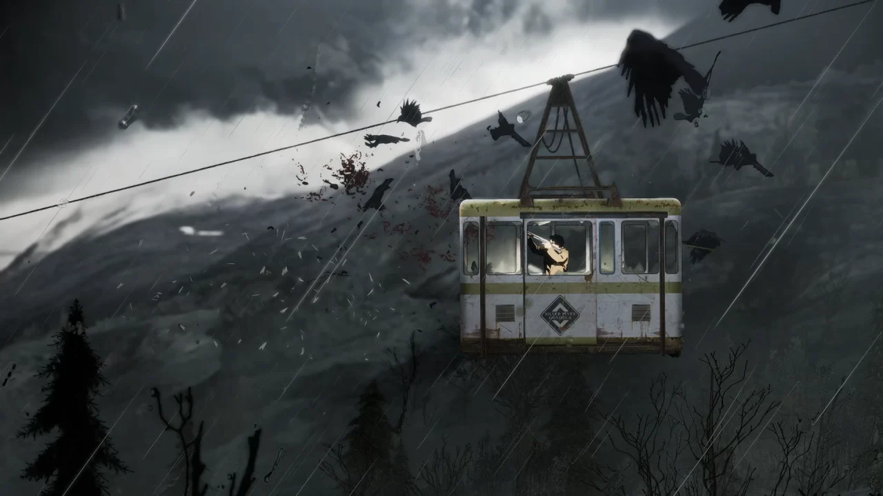 Red Walker aims from a cable car surrounded by birds in a rainstorm.