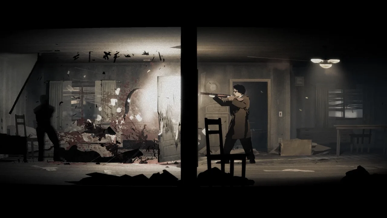 Red Walker aims a shotgun at a dark figure in a damaged house.