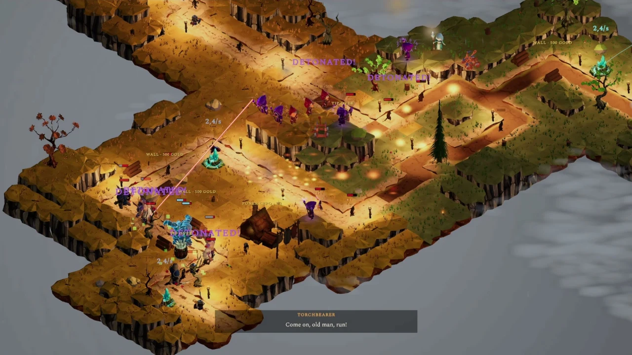 Towers and enemies fight along a winding, torch-lit road surrounded by fog.