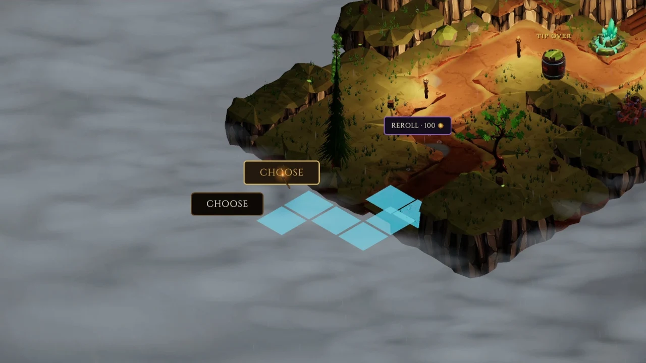Two cyan terrain previews extend into fog, each with a Choose button; a reroll button displays 100 gold.