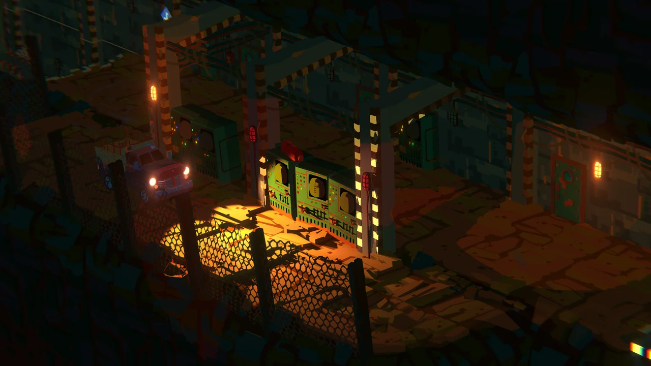 A red pickup with its headlights on stands in a dark industrial interior beside green control panels, wire fencing and amber lights.