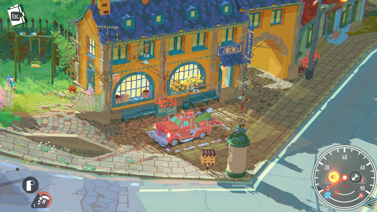 A red pickup loaded with assorted cargo sits outside a yellow village shop; the driving HUD and speedometer are visible.