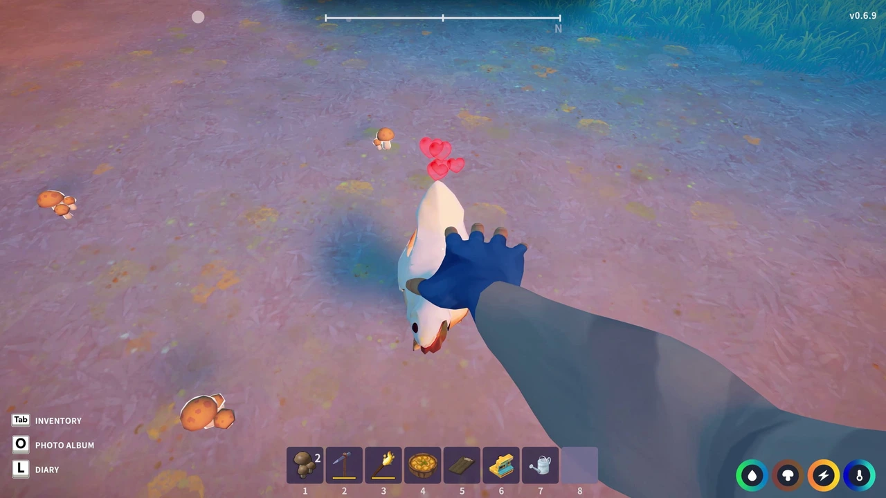 A blue-gloved hand pets a white chicken as pink hearts appear above it, with mushrooms and the gameplay HUD visible.