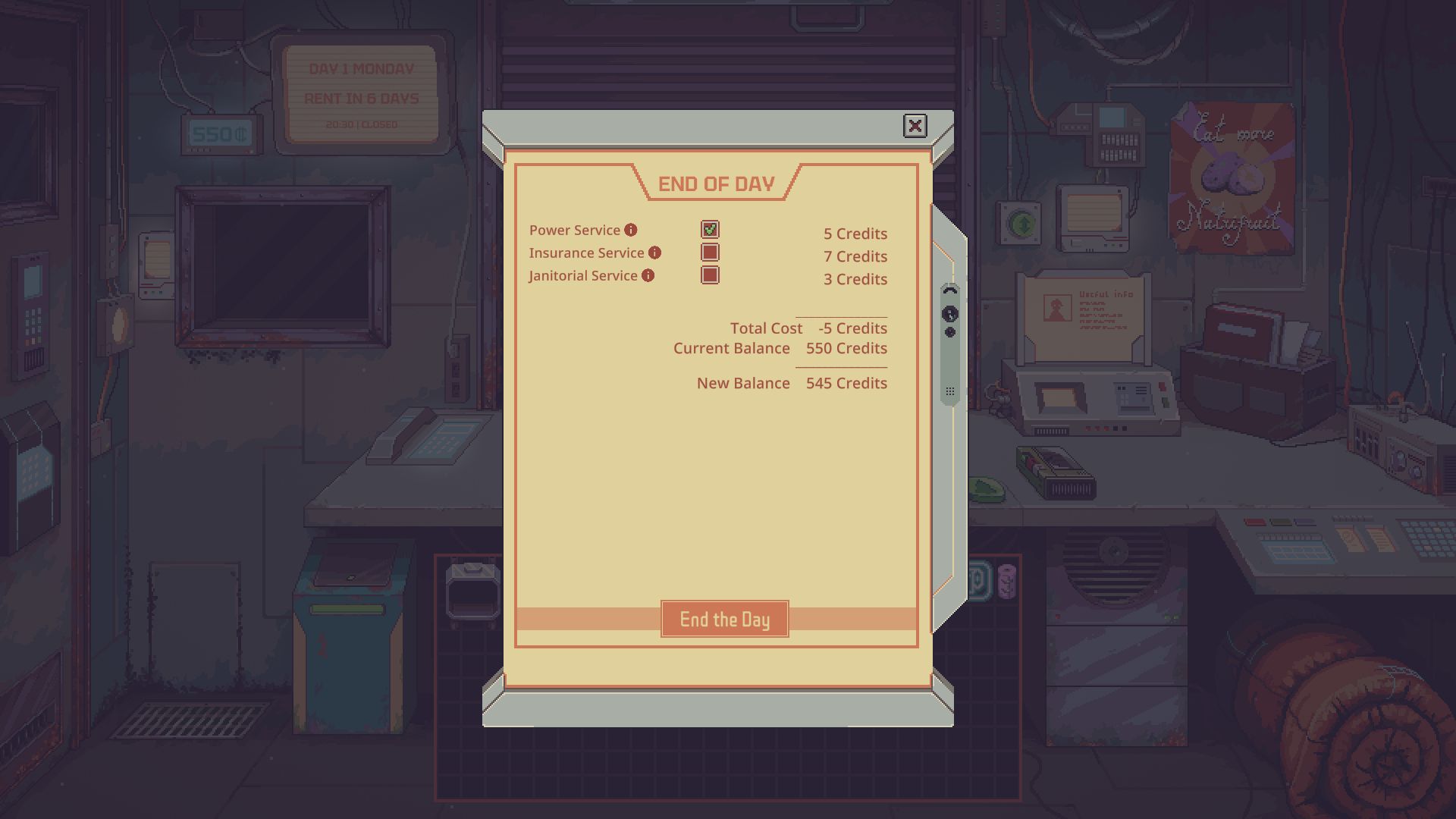 Native End of Day screen with a closed-shop clock during the historical RC.25 test.