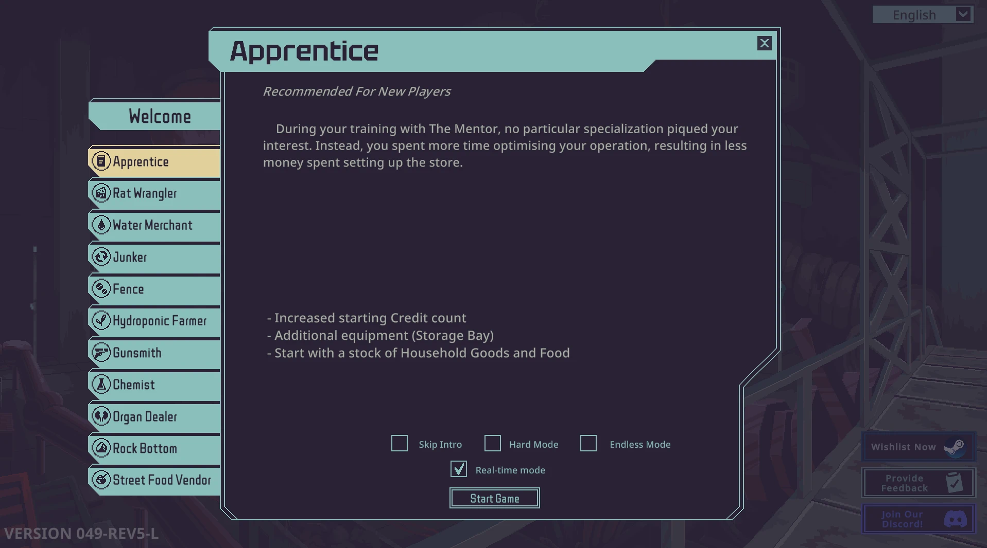 Historical 0.2.0 new-game screen: Real-time mode is checked immediately above Start Game.