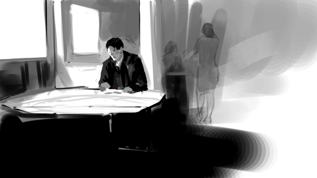 A figure studies an open case file at a desk, with faint figures behind.