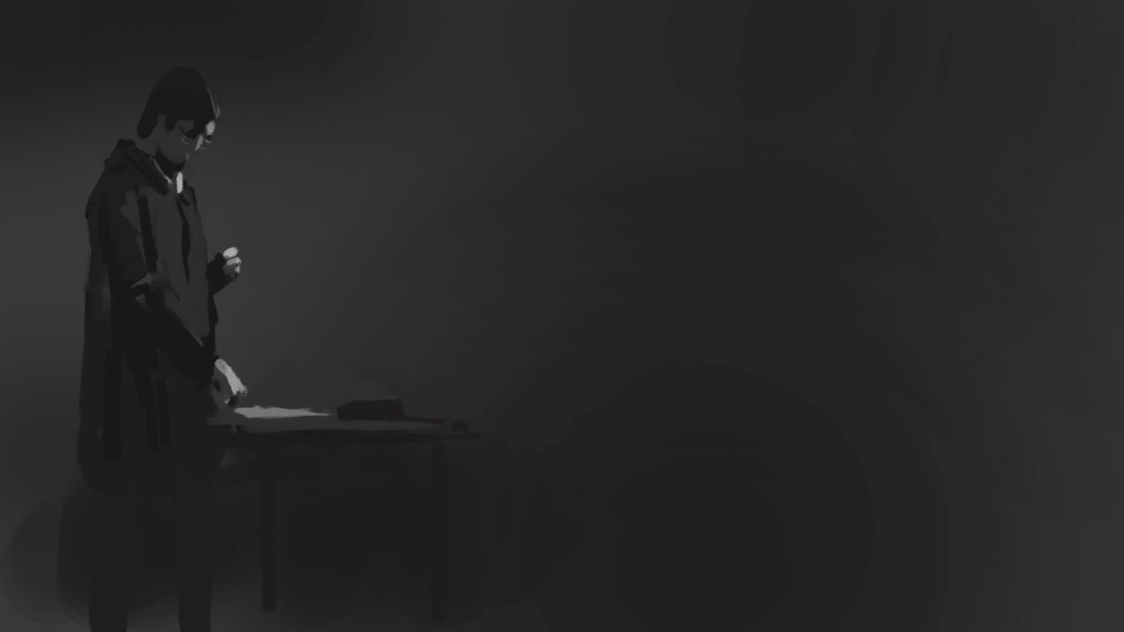A figure reading at a desk beside a typewriter.