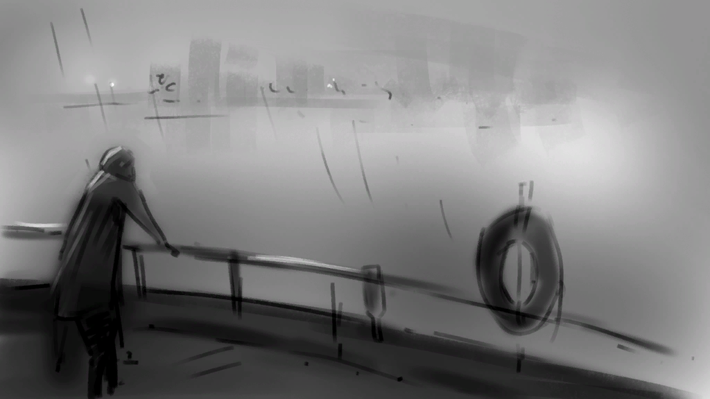 A figure makes a ferry crossing beneath a cloudy sky.